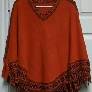 Fringed shawl cloack V-neck loose sweater